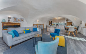 The bright spacious lounge and dining area in this beautiful vaulted apartment